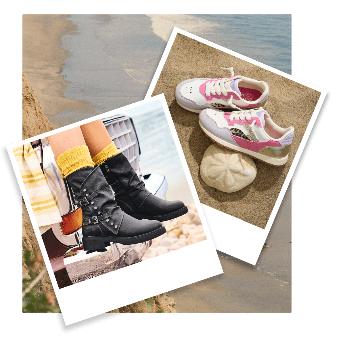 Collage of polaroid-style photos showing leopard print sneakers and white sneakers with pink details on the beach.