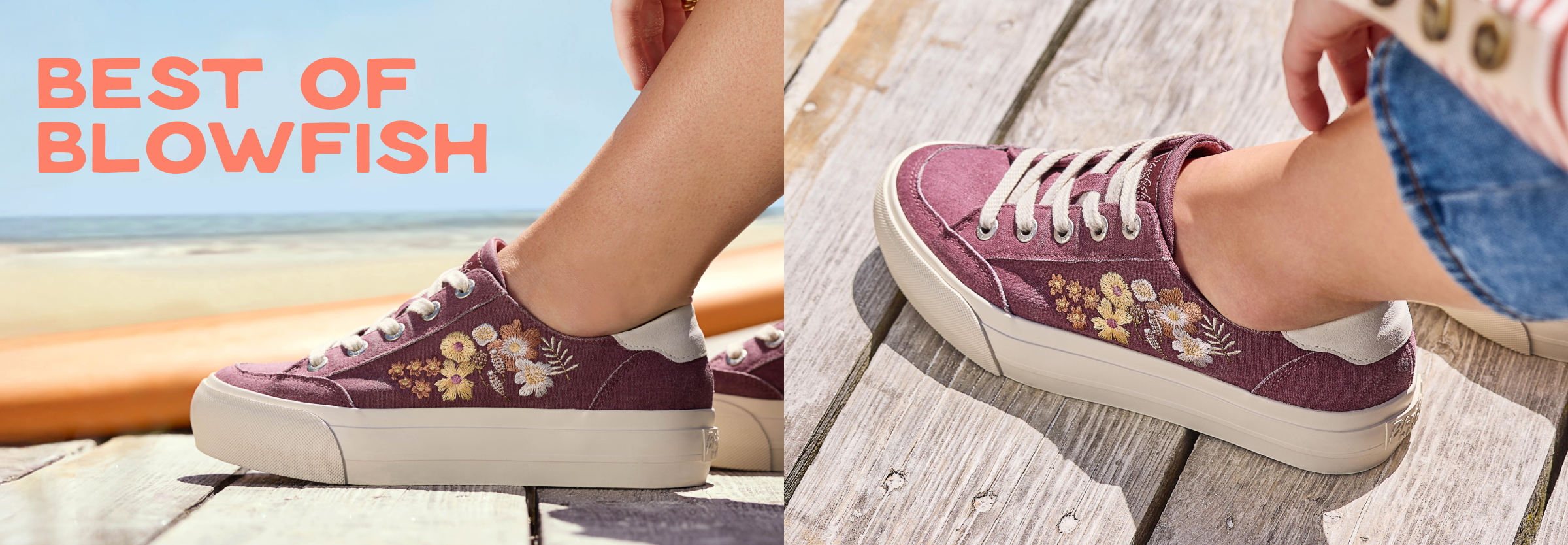 Close-up of maroon Blowfish sneakers with floral embroidery, worn on a wooden boardwalk near the beach, with 'Best of Blowfish' text.