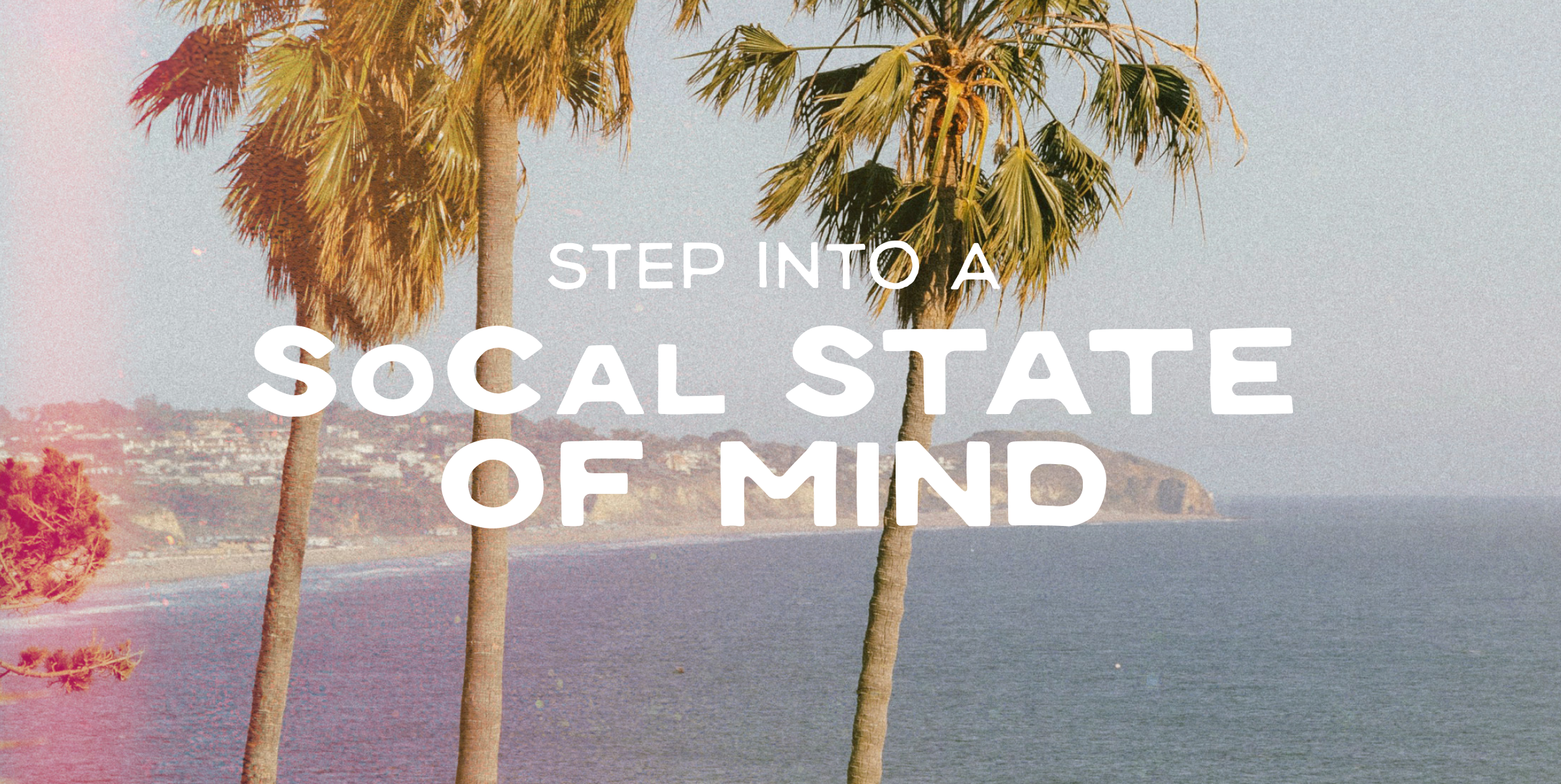Scenic coastal view with palm trees and the ocean, with 'Step Into a SoCal State of Mind' text overlay.